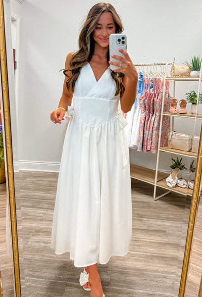 Side Bow Detail Basque Waist Midi Dress