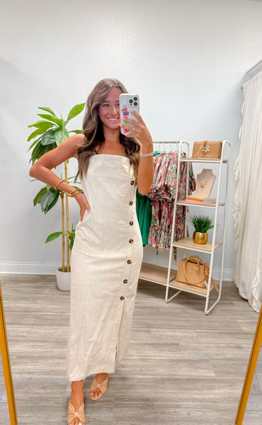 Button Detail Linen Long Dress
