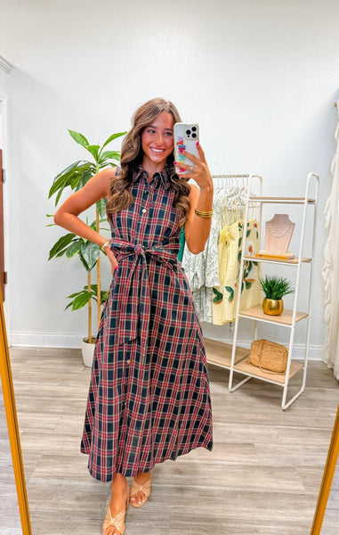 Plaid Collared Sleeveless Midi Dress