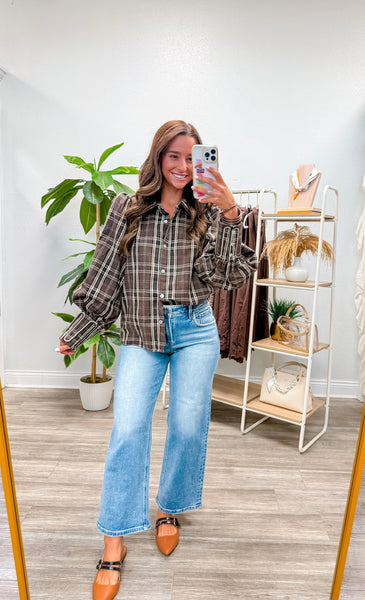 Embroidery Accent Button Down Plaid Top
