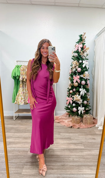 Solid Satin Cowl Back Sleeveless Bow Midi Dress