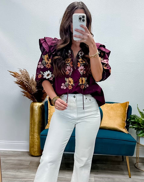 Embroidered Ruffle Shoulder Puff Sleeve Top