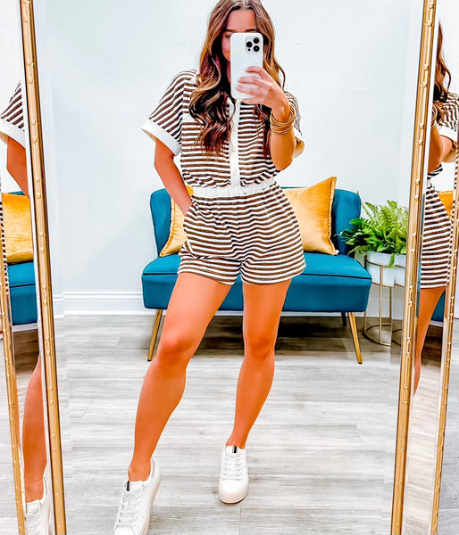 Drop Shoulder Button Down Striped Romper