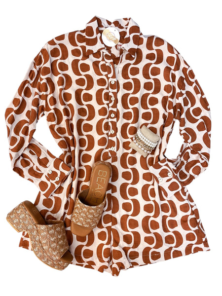 Printed Button Down Long Sleeve Romper