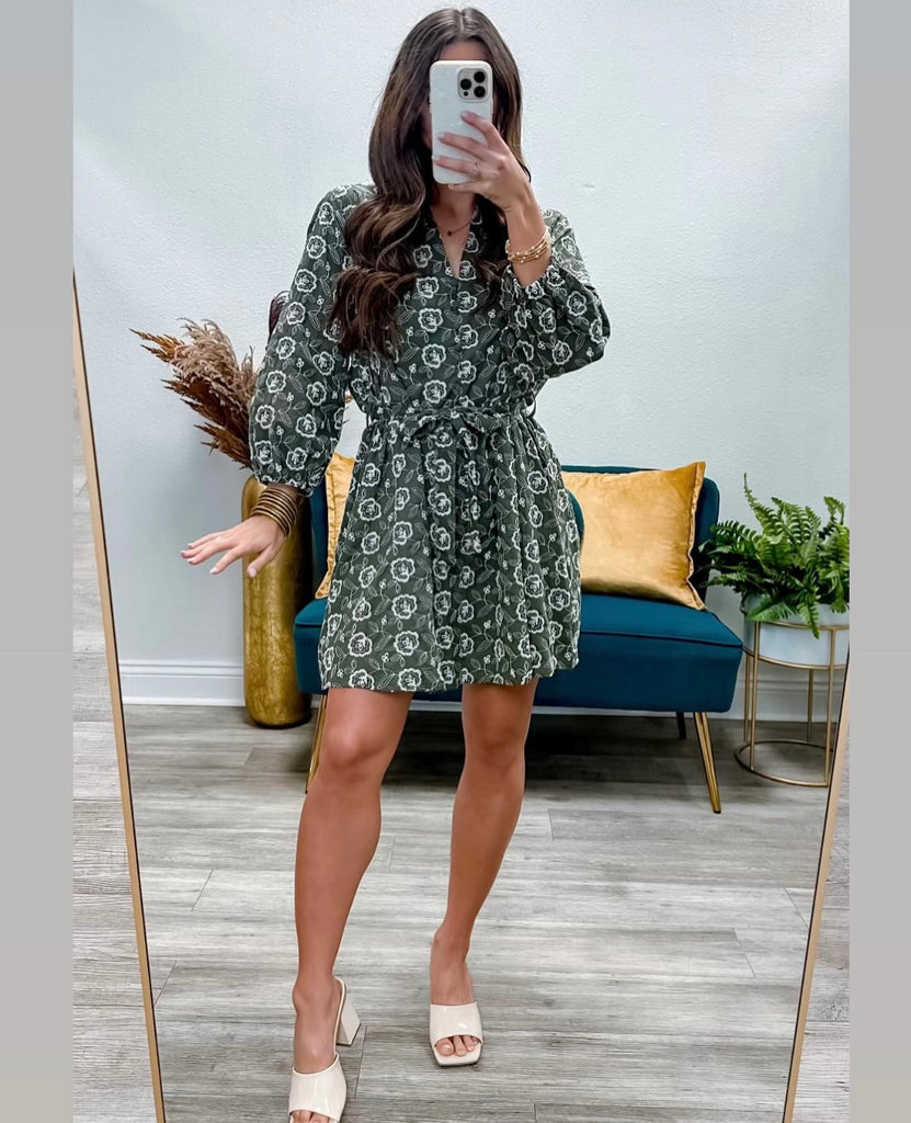 Printed 3/4 Sleeve V-Neck Mini Dress