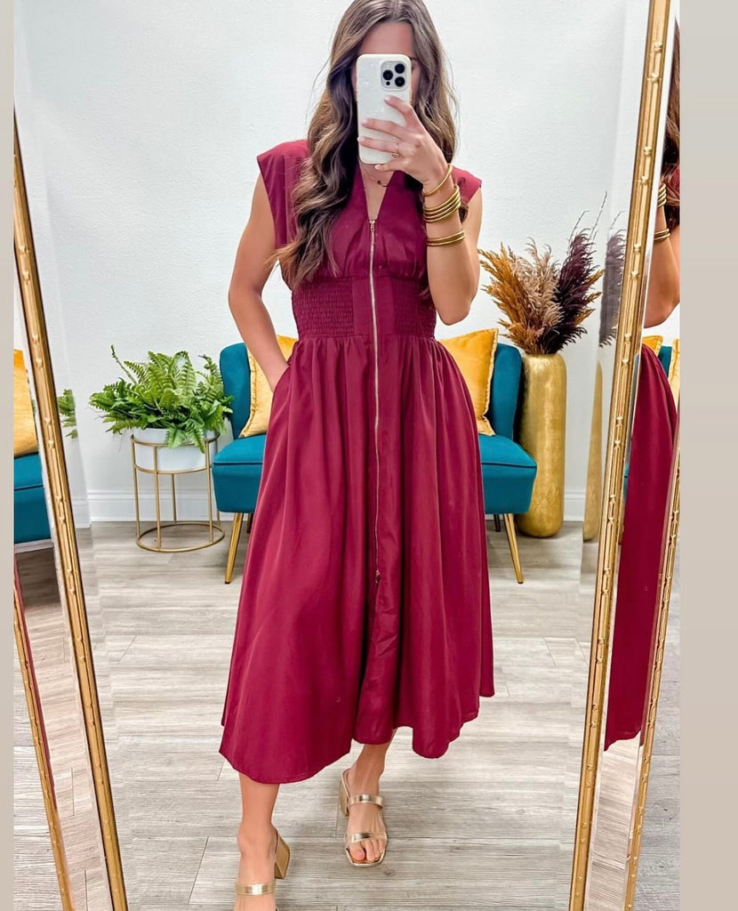 Solid V-Neck Sleeveless Midi Dress