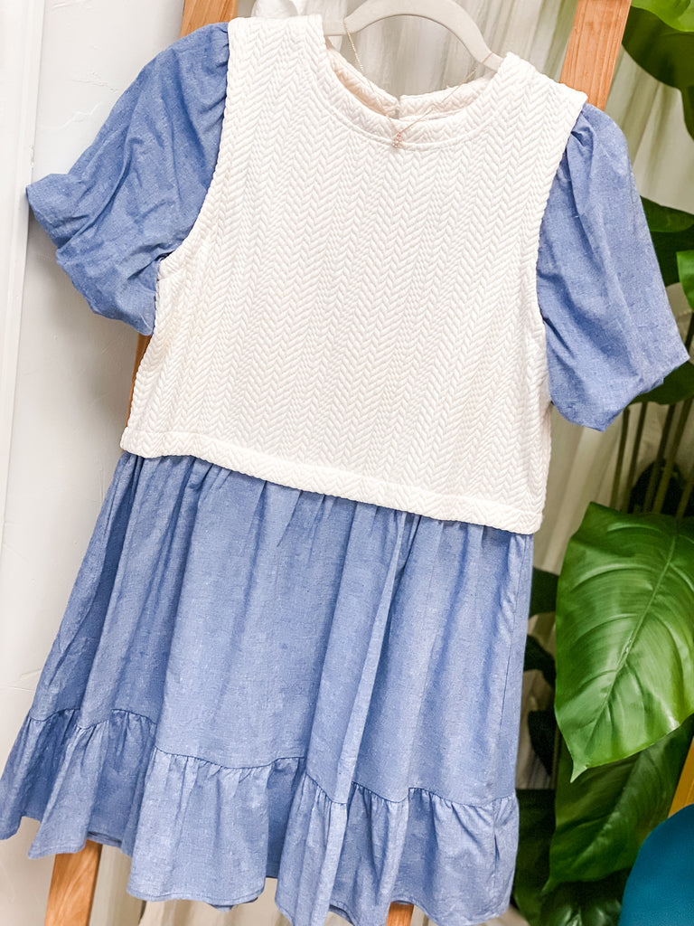 Textured Bodice Denim Short Sleeve Dress