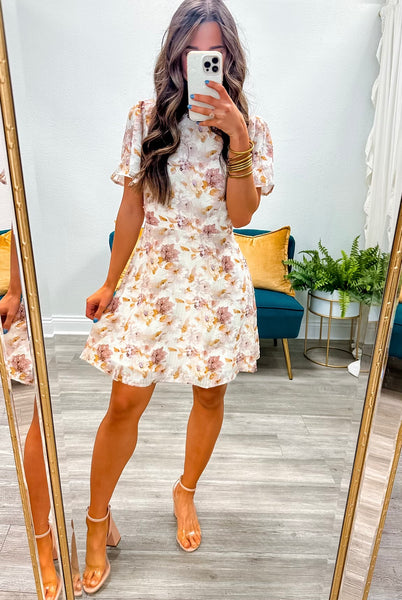 V-Neck Back Floral Jacquard Mini Dress