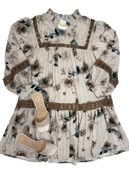 Floral ¾ Puff Sleeve Mini Dress