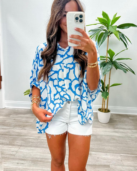 Abstract Print Oversized Button Up Top