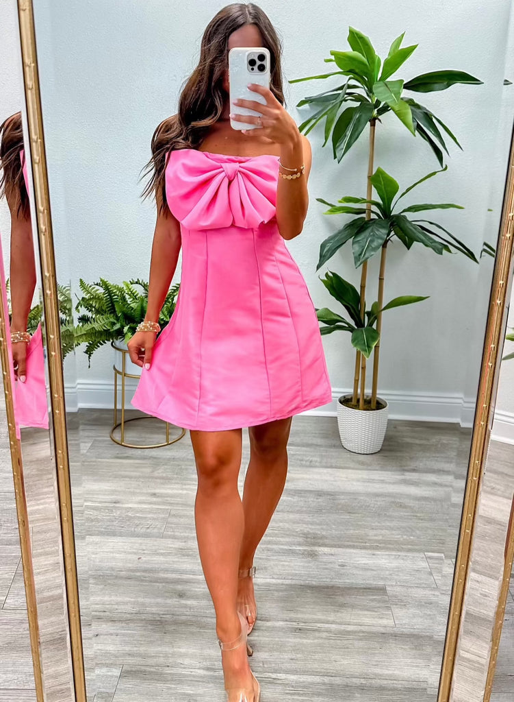 Strapless A-Line Bow Mini Dress