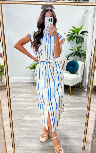 Striped Sleeveless Button Up Midi Dress