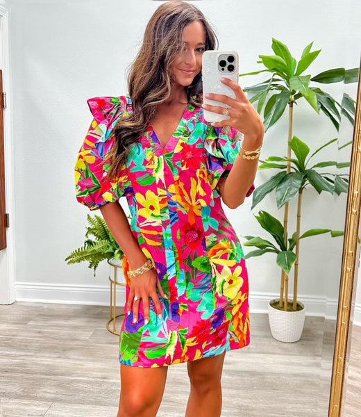 Tropical Poplin Ruffle Detail Dress