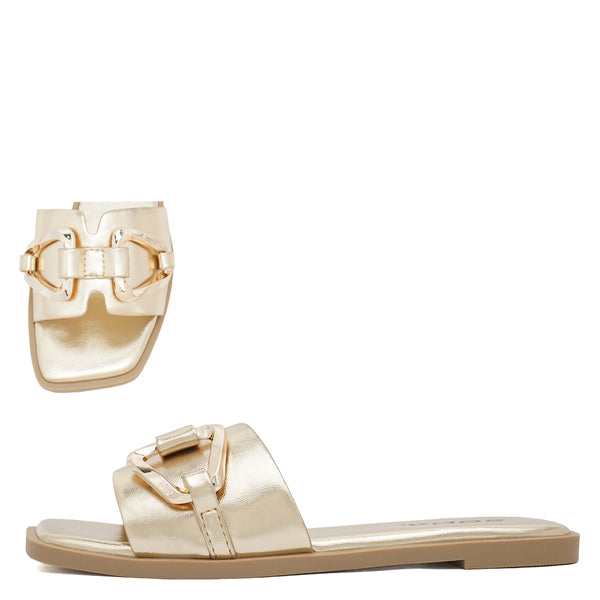 Soda Lovelle Gold Buckle Square Toe Sandal