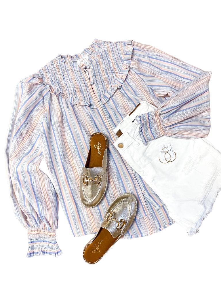 Striped Smocked Bib Button Down Top