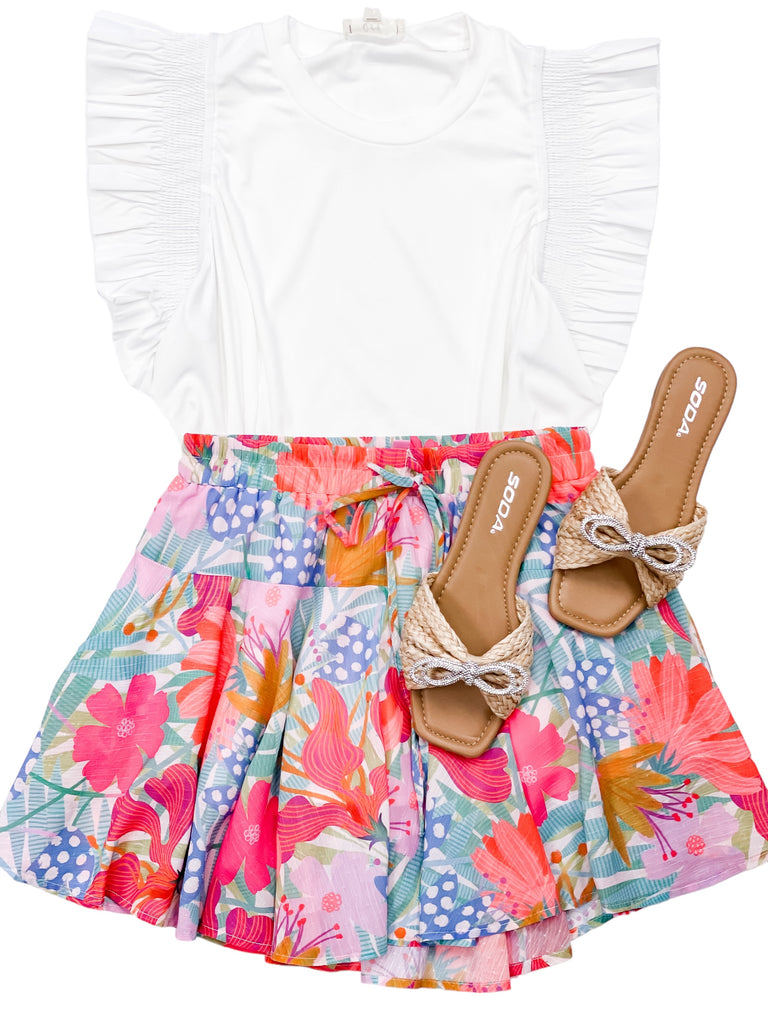 Floral Elastic Drawstring Waist Skirt