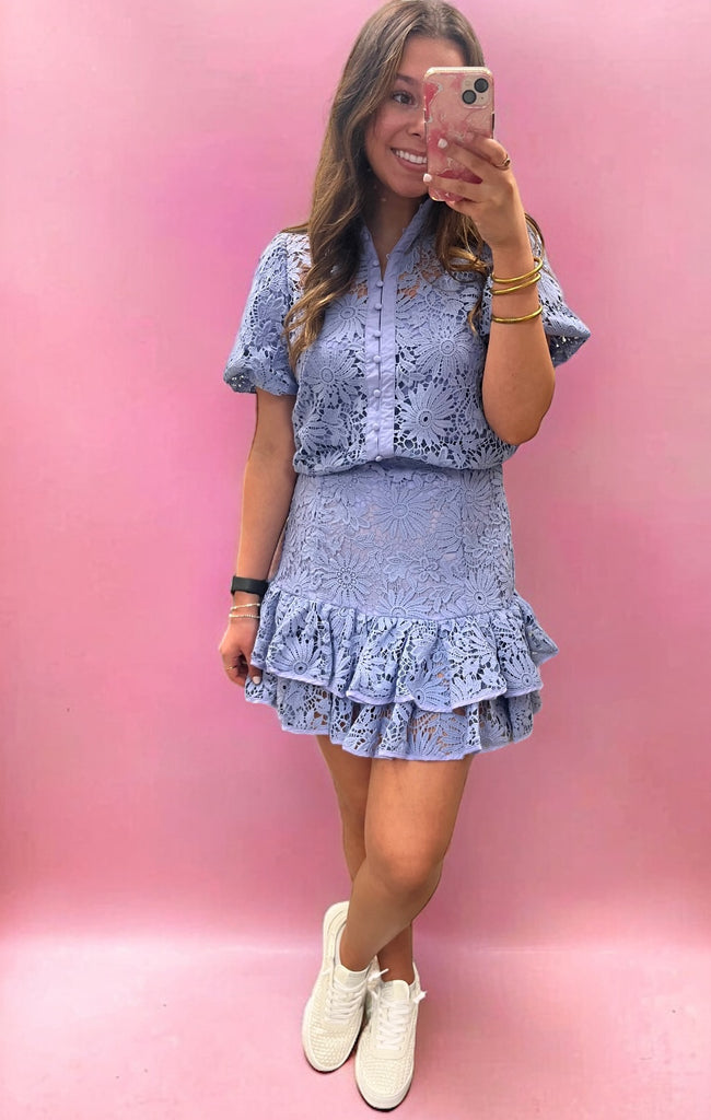 Button Up Puff Sleeve Lace Top