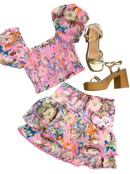 Floral Asymmetrical Ruffled Skirt