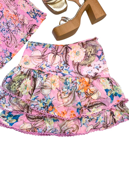 Floral Asymmetrical Ruffled Skirt