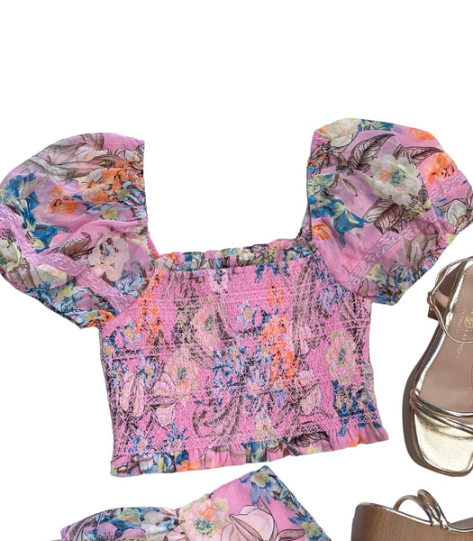 Floral Puff Sleeve Smocked Crop Top
