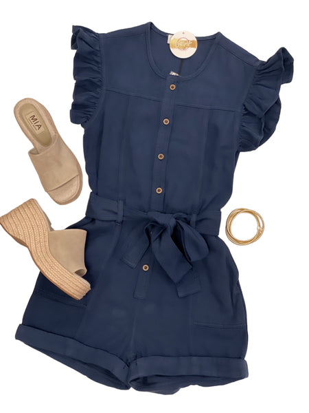 Ruffle Sleeve Contrast Stitching Denim Romper