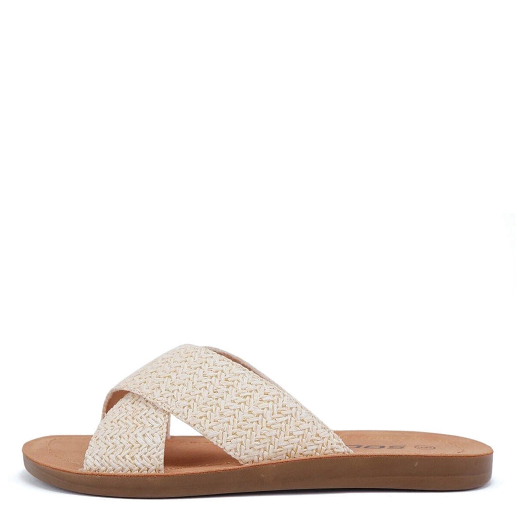 Soda Reflect Raffia Cross Strap Sandal