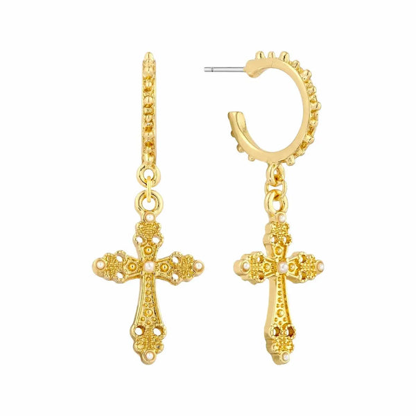 Gold Huggie Hoop with Cross Charm Earrings