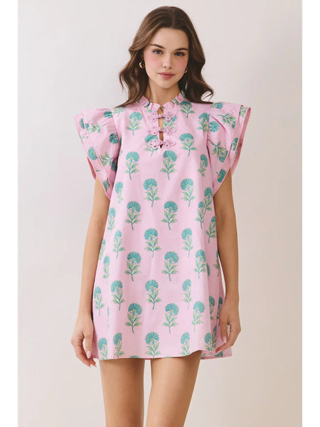 Floral Print Ruffled Neck Mini Dress