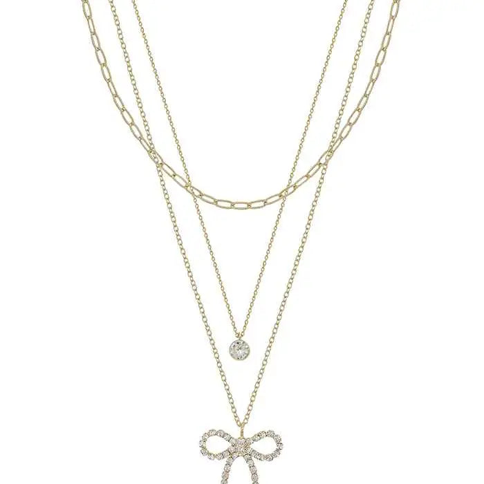 Gold Layered Chain w/ Rhinestone Bow 16"-18" Necklace