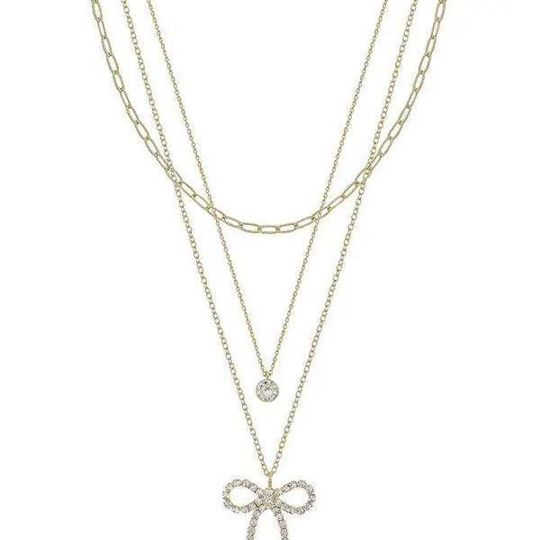 Gold Layered Chain w/ Rhinestone Bow 16"-18" Necklace