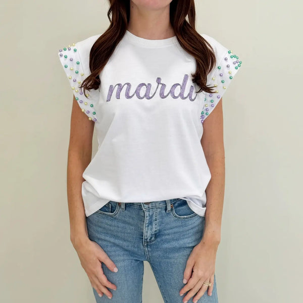 Mardi Gras Pearl Flutter Sleeve Top