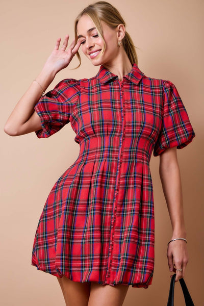 Plaid Collared Zip Front Pleated Bubble Dress
