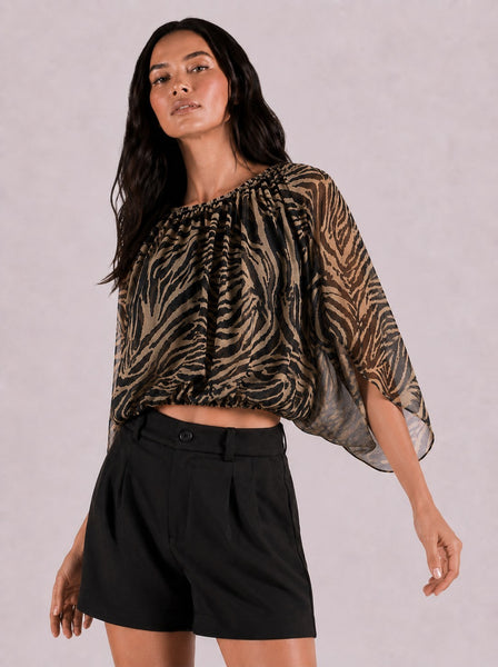 Animal Print Bubble Hem Chiffon Blouse Top