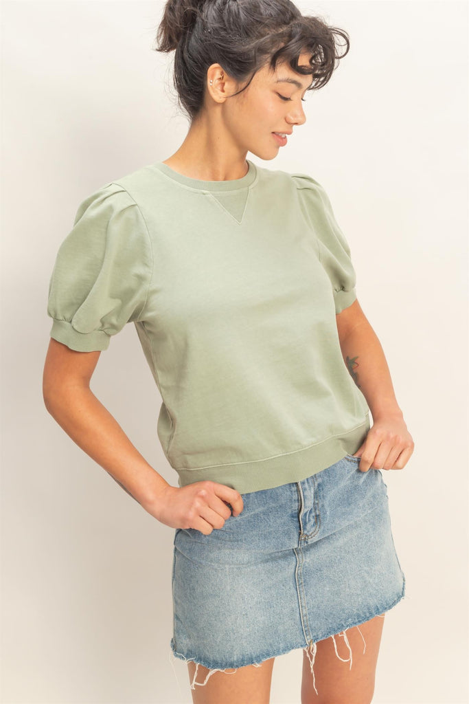 Puff Sleeve V-Stitch Crew Neck Top