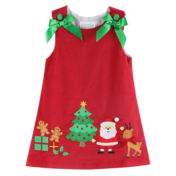 Corduroy Christmas Applique Bow Dress