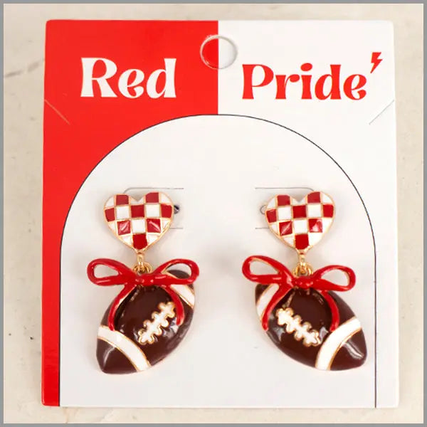 Coated Heart w/ Bow & Football Gameday Stud 1.5" Earring