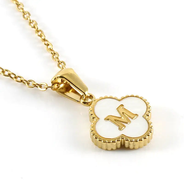 Clover Shell Initial Charm 18K Golden Steel Necklace