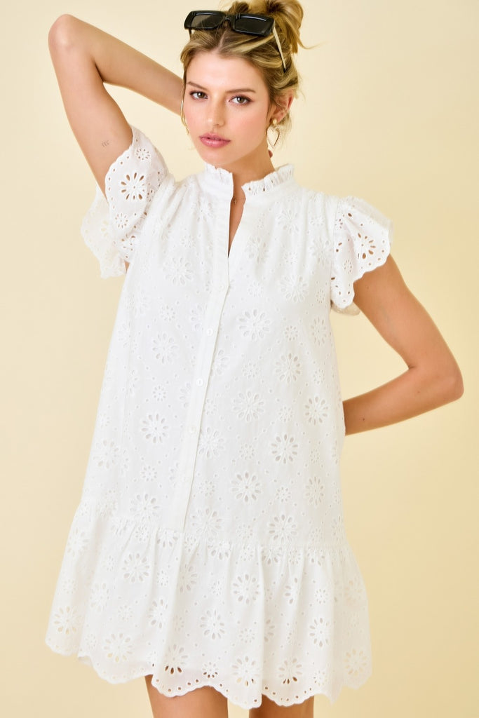 Eyelet Ruffle Neck Button Down Mini Dress