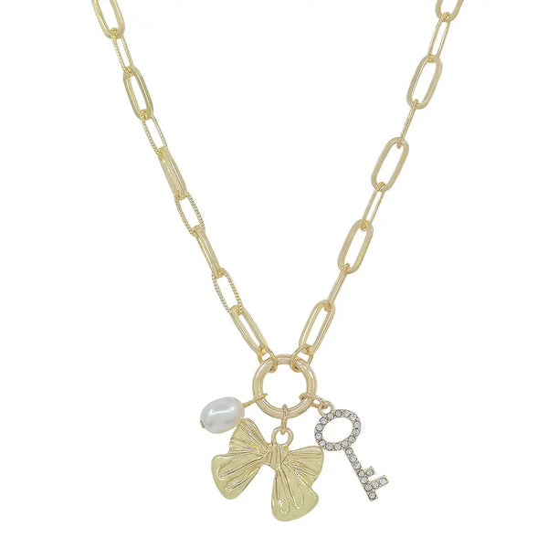 Gold Open Chain Necklace with Bow, Key, and Pearl Charms