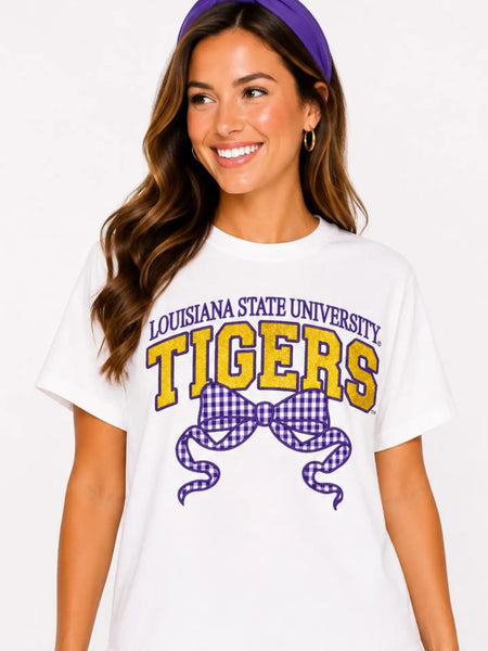 Lsu Gingham Bow Gameday Tee