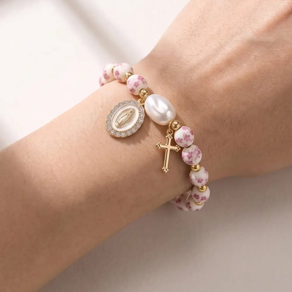 Miraculous Medal Cross Beaded Pink Bracelet