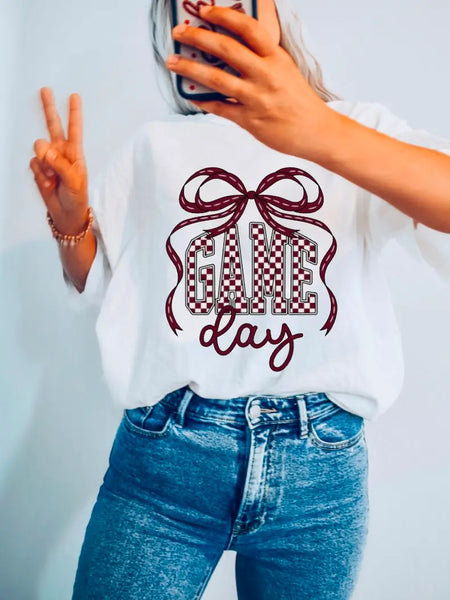 Game Day Checker Coquette Bow Tee