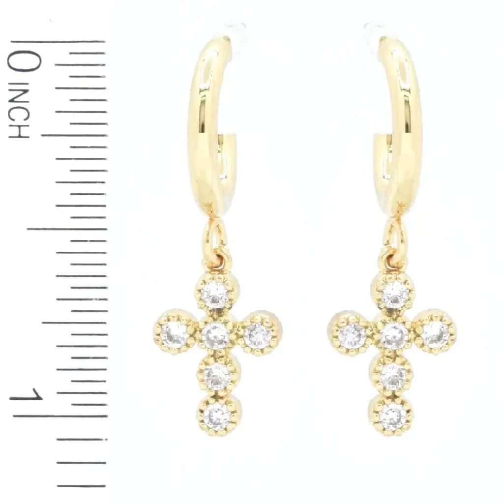 Gold Crystal Studded Cross Huggie Hoop Earrings