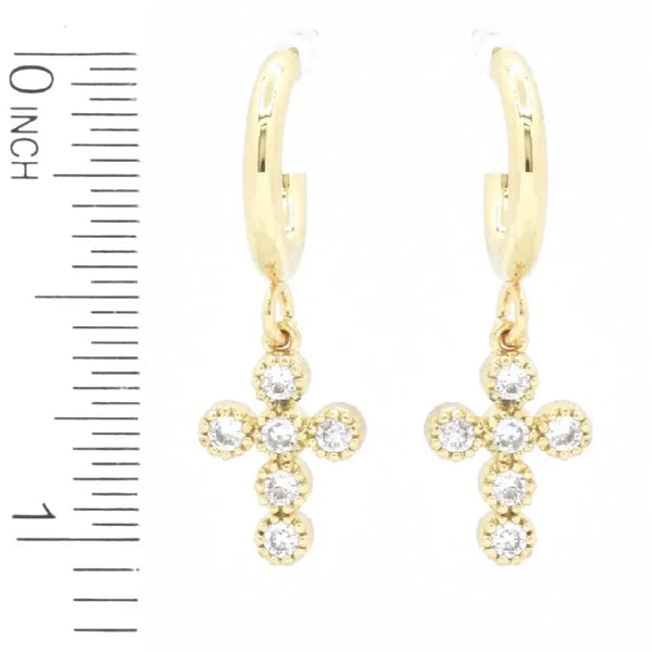 Gold Crystal Studded Cross Huggie Hoop Earrings