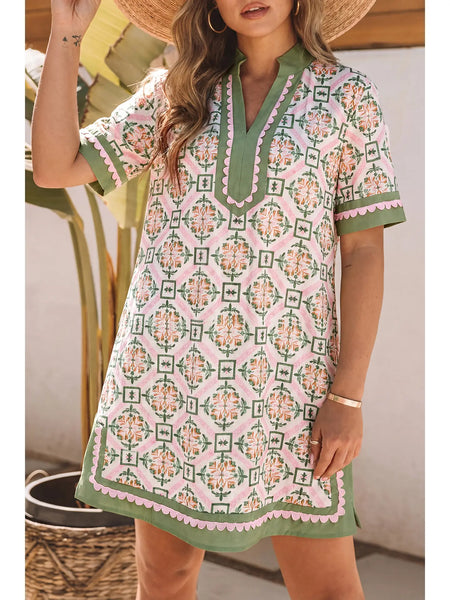Boho Geometric Flower Print Mini Dress