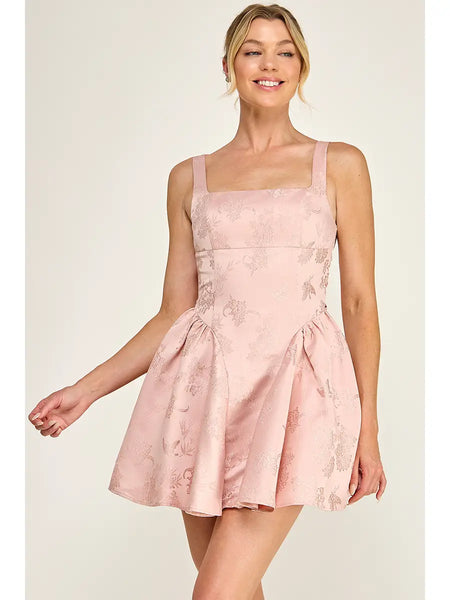 Jacquard Square Neck Ribbon Mini Dress
