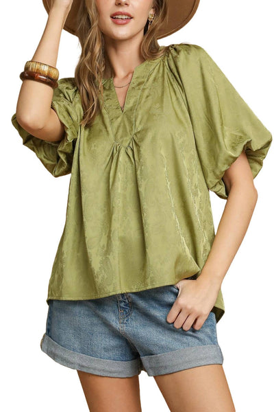 Satin Jacquard Puff Sleeve Blouse