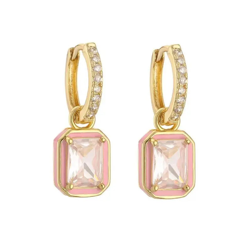 Enamel & Emerald-Cut Crystal Huggie Drop Earrings