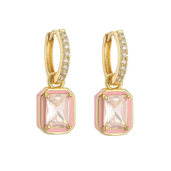 Enamel & Emerald-Cut Crystal Huggie Drop Earrings