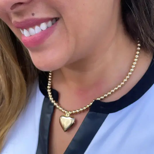 18k Gold Filled 6mm Bead Necklace with A Puffy Heart